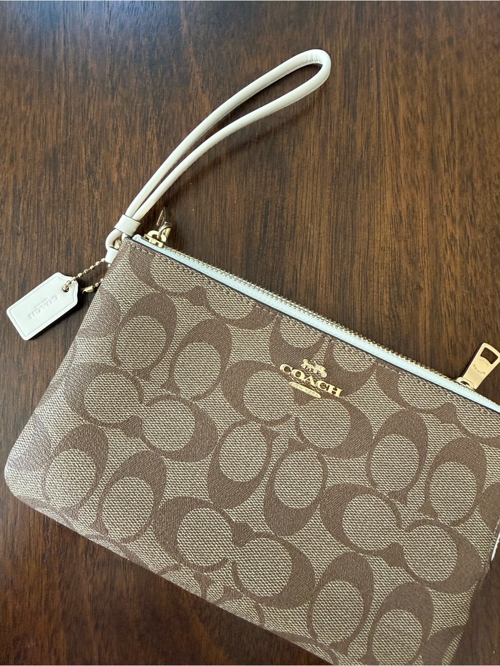 Coach Signature Double Zip Wallet Wristlet Khaki Chalk F16109